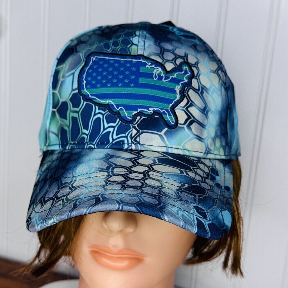 Kryptek American Flag USA Patch Hat OS Adjustable Blue White Green Kaleidoscope